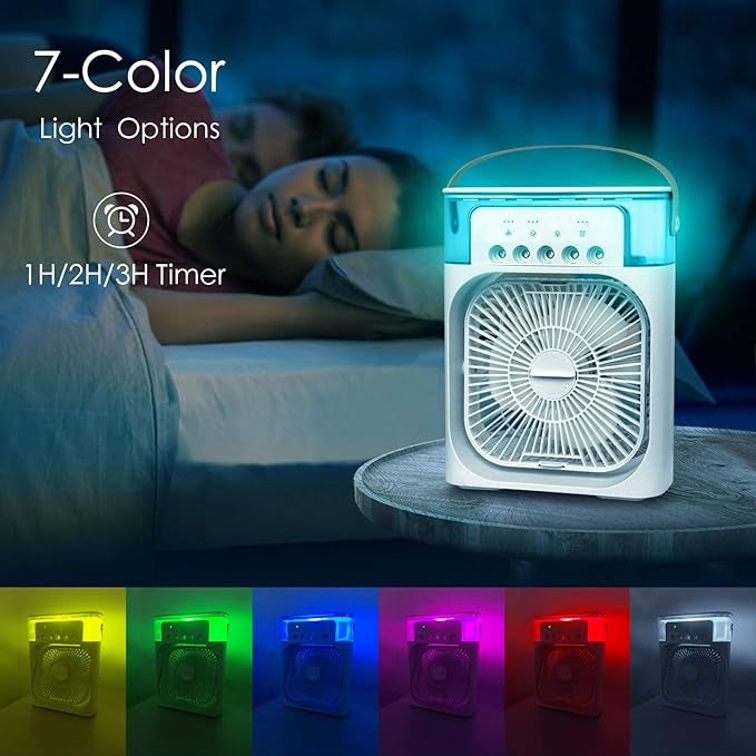 BreezeGlow Mini Air Cooler: 7-Color LED, Timer, Adjustable Speeds & Spray Modes – Perfect for Desk, Nightstand, or Coffee Table